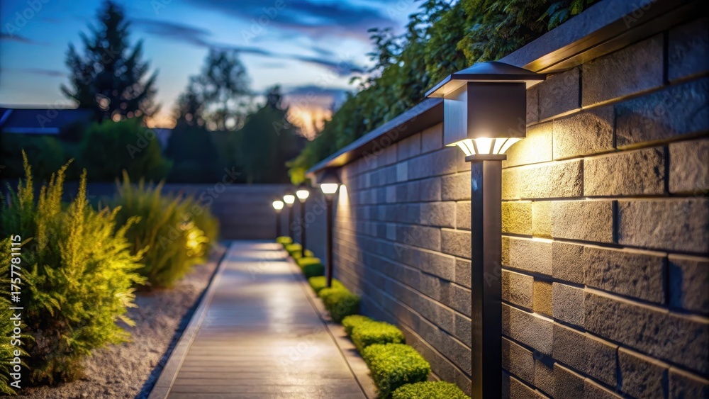 Obraz premium Darkened landscape with solar powered LED light and motion sensor installed on a wall, illuminating a pathway at night, autonomous lighting, ambient glow