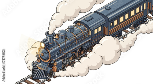 Isometric depiction of a vintage steam train emitting billowing smoke