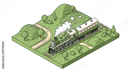 Isometric Green Train Traversing Through a Verdant Landscape with Gentle Hills
