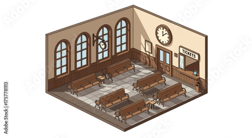 Isometric depiction of vintage train station waiting area interior design
