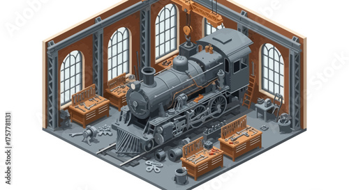 Isometric illustration depicting steam train maintenance inside workshop