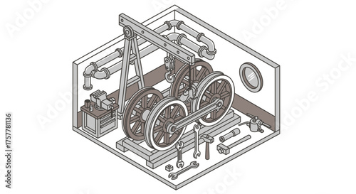 Isometric illustration featuring a mechanical workshop environment with vintage machinery