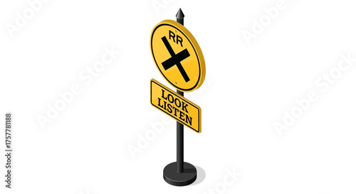 Isometric Illustration of a Railroad Crossing Sign and Important Safety Advisory