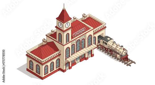 Isometric view of an antique railway station with a vintage locomotive