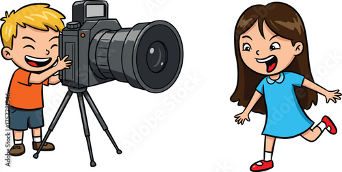 children, camera, photography, tripod, photo, shoot, fun, play, cartoon, illustration, vector, design, creative, element, lifestyle, imagination, learning, activity, entertainment, concept