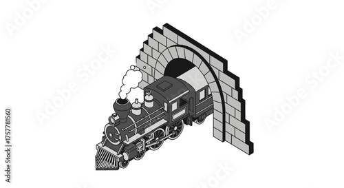 Isometric vintage steam train emerging from a brick tunnel in grayscale