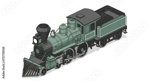 Isometric Vintage Train Engine Illustration on White Background
