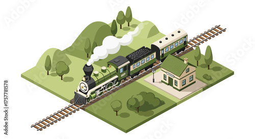 Isometric vintage train with passenger car arriving at a rural station