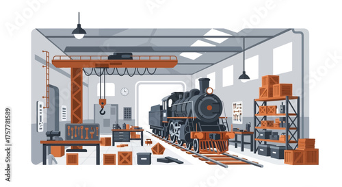 Locomotive refurbishment and industrial space, detailed illustration