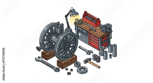 Mechanical Workshop Scene with Tools, Work Bench and Classic Wheel Parts
