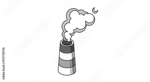 Stripped industrial chimney releasing polluting smoke at night in monochrome