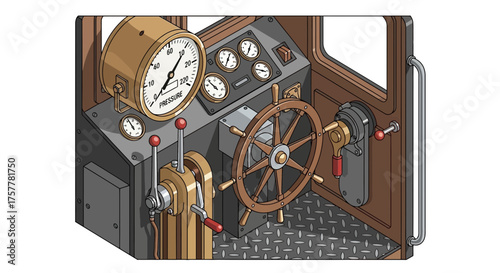 Steampunk vehicle control panel brimming with retro technological details