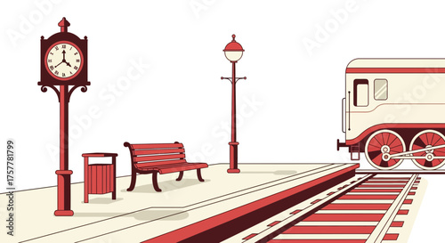 Stylized illustration of a vintage train station platform setting with classic elements