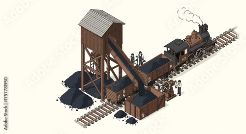 Vintage Illustration of Coal Mining with Workers and Steam Train Loading