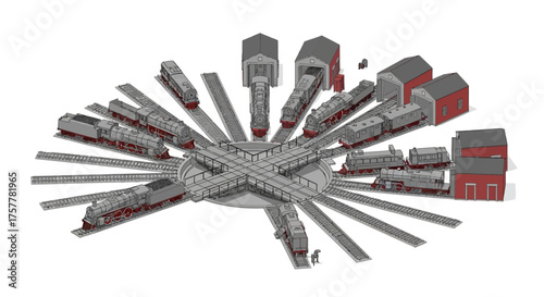 Vintage locomotives on a turntable, a detailed isometric illustration