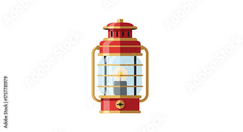 Vintage Red and Gold Lantern with Glowing Bulb on White Background