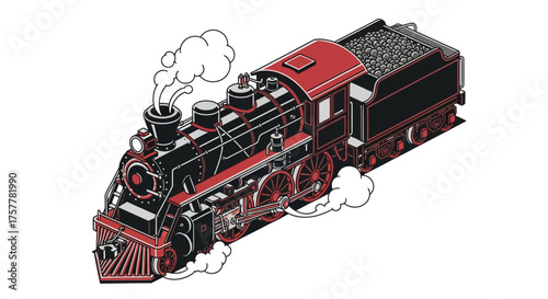 Vintage steam locomotive isometric illustration in red and black color scheme