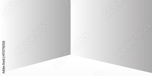A minimalist, empty studio corner rendered in a monochromatic grey and white gradient. Subtle shading to create a three-dimensional illusion of a floor and two intersecting walls,