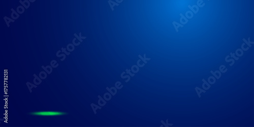 A minimalist gradient background in tones of blue, transitioning from a bright, The composition is grounded by a small, intense oval of neon-green light