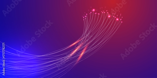Dynamic abstract of glowing data streams or fiber optic trails arching across a vibrant violet and magenta gradient. Focuses on high-tech energy and flow