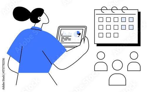 Konstfotografi Woman with tablet displaying data charts pointing to a calendar, with team figures Ideal for management, planning, scheduling, teamwork, analytics, productivity, strategy