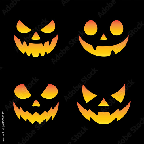 Set of Glowing Halloween Jack-o'-Lantern Faces in Orange-Yellow Gradient on Black Background. These pumpkin icons are perfect for party materials, digital promotions, or festive design projects. 