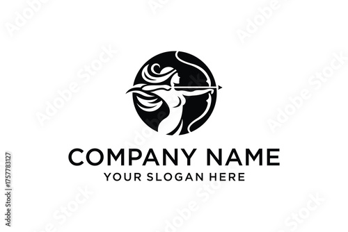 Dynamic Female Archer Silhouette Logo with Bow and Arrow