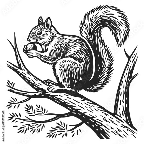 Curious Squirrel in Vintage Woodcut Engraving Style Vector Illustration