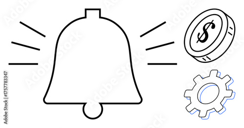 Bell with sound lines, a dollar coin, and a gear representing notifications, finance, and settings. Ideal for alerts, updates, finance management, business tools notifications operations simple