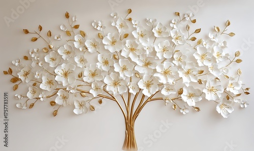 Modern 3d wall art showcasing blooming white flowers and metallic gold stems in a minimalist style