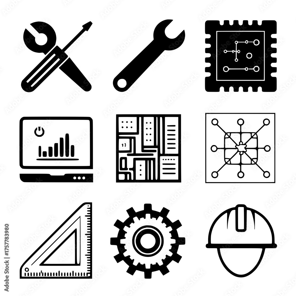 Fototapeta premium Simple Engineering, Technology and Repair Tools Vector Icons Set