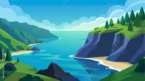 A picturesque estuary surrounded by rolling hills and lush forests with a narrow rocky opening leading out to the vast ocean.