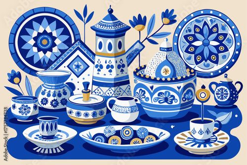 vector of Ceramic dishes and decorations with traditional blue and white design
Including cups, plates, or small windmill figurines very popular with collectors of Dutch souvenirs