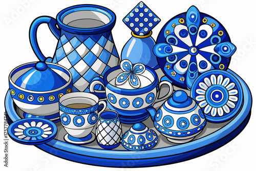 vector of Ceramic dishes and decorations with traditional blue and white design
Including cups, plates, or small windmill figurines very popular with collectors of Dutch souvenirs