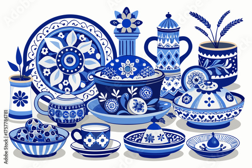 vector of Ceramic dishes and decorations with traditional blue and white design
Including cups, plates, or small windmill figurines very popular with collectors of Dutch souvenirs