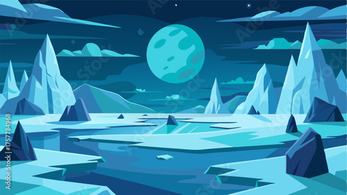 A cold and desolate world with vast sheets of ice stretching out in all directions creating an otherworldly and solitary atmosphere.