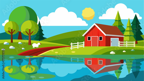 A peaceful pond reflects the image of a red barn and grazing sheep with a small bridge leading to the farmhouse.