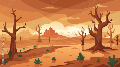 A dusty parched wilderness dotted with stunted trees and cacti struggling to survive in the harsh climate.