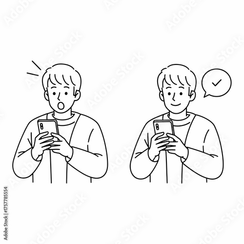 Man Looking at Smartphone with Surprised and Confirmed Expressions (Set of 2)