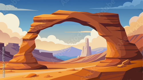 A natural arch carved into the sandstone cliffs is a stunning feature of the desert plateau providing a perfect frame for the expansive desert vista.