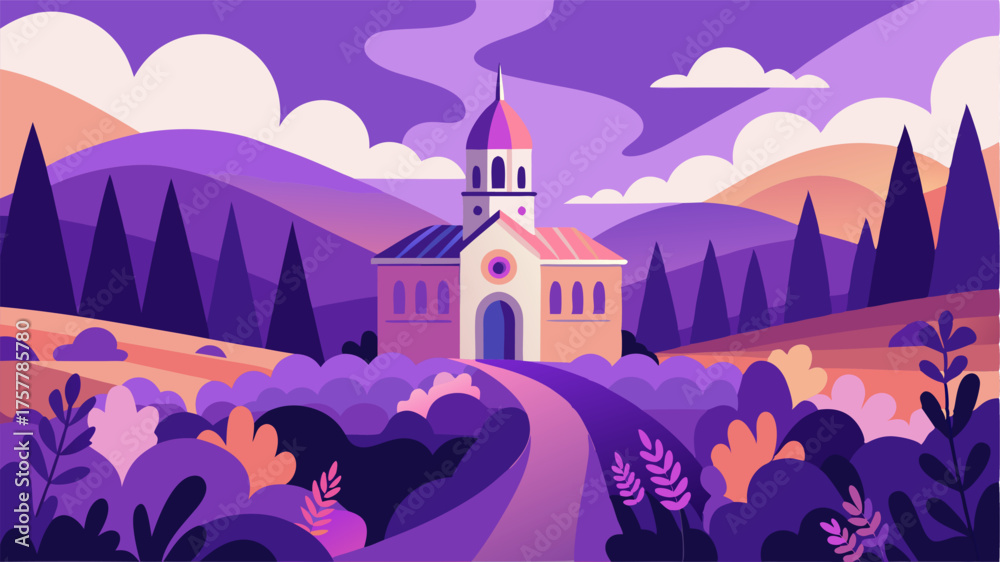 Naklejka premium A romantic setting of a church surrounded by a sea of lavender fields the scent of incense mingling with the fragrant blooms.