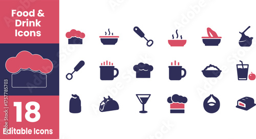 Collection of food and drink icons in silhouette style isolated on transparent background