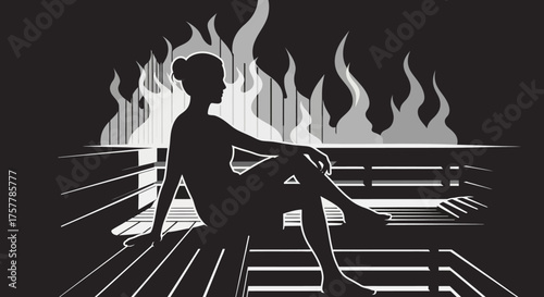 Silhouette of a person relaxing in a steamy sauna with flames in the background