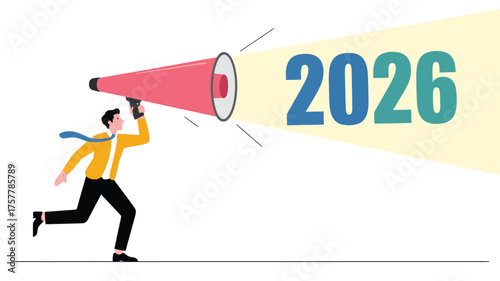 Man with megaphone announces 2026 vector illustration for business planning and future vision isolated on white background