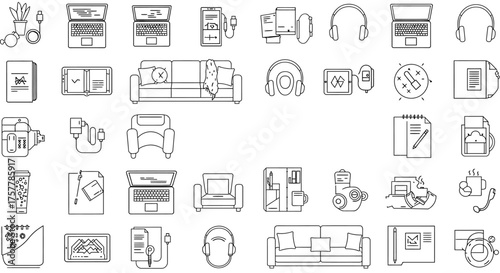 remote work essentials home office setup with laptops books headphones and comfy furniture ideal for illustrating productivity  flexibility.