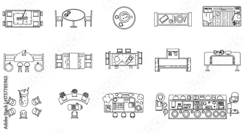 restaurant layout plan presenting furniture arrangement from above showcasing seating tables and service areas for interior design and layout purposes.