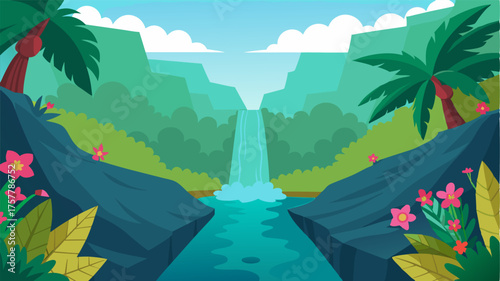 A gentle meandering stream lined with tropical flowers and foliage leads up to a magnificent waterfall cascading down into a crystalclear pool.