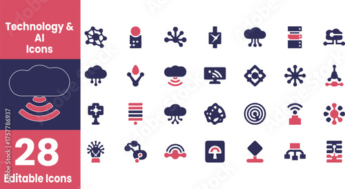 Technology and ai icons set with cloud and network symbols isolated on transparent background silhouette