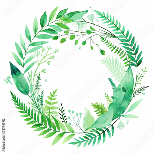 watercolor floral wreath featuring lush green leaves and ferns