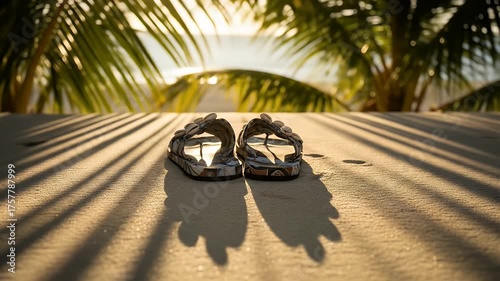 Golden Hour Tropical Beach: Sandals on Warm Sand, Palm Shadows Dancing, Ocean Breeze
